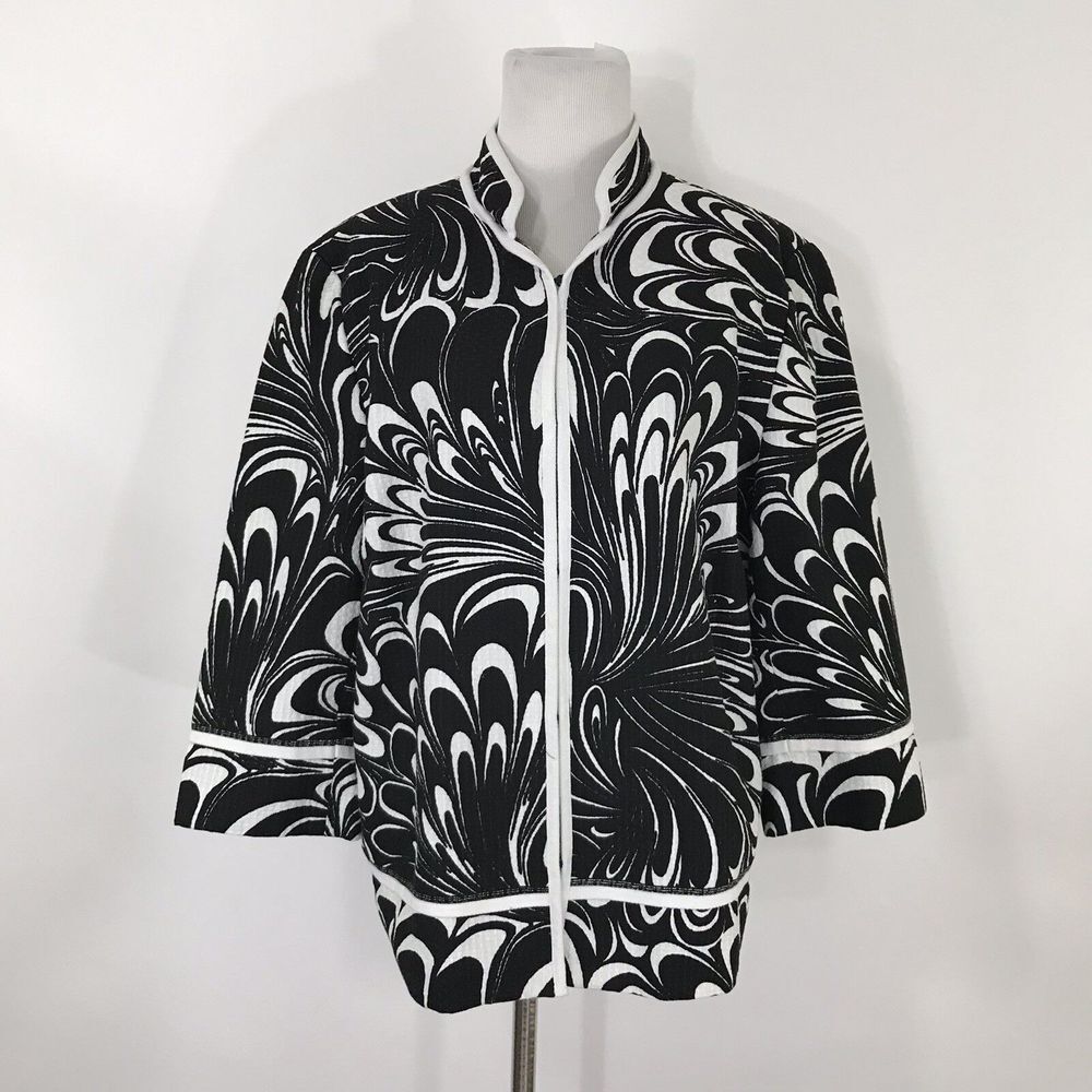 Chico's 3 Black White Lined Cotton Jacket Band Collar Hook Close‎